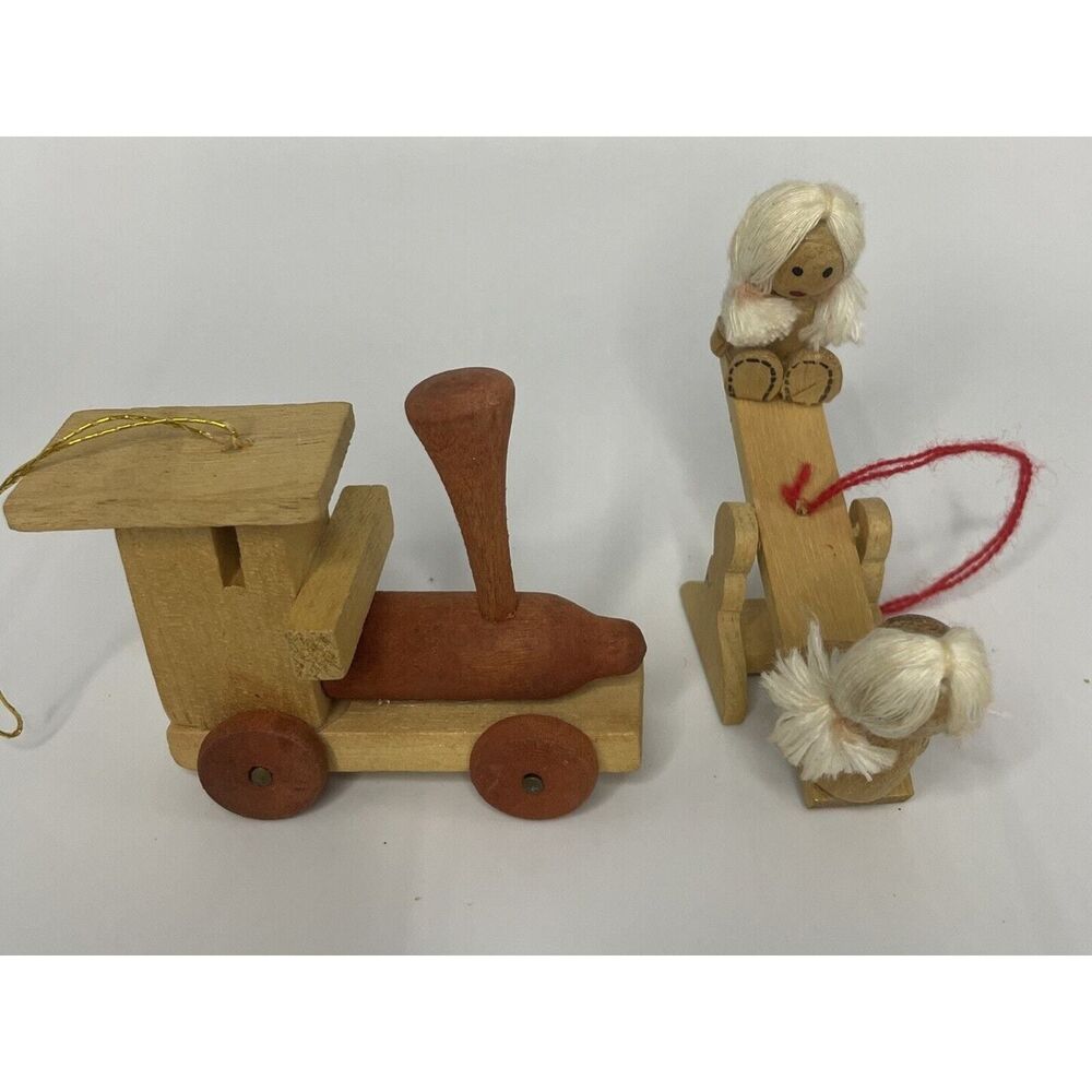 Vintage Wooden Christmas Ornaments Kids Train Chair Seesaw 3" 1940s‎ Taiwan